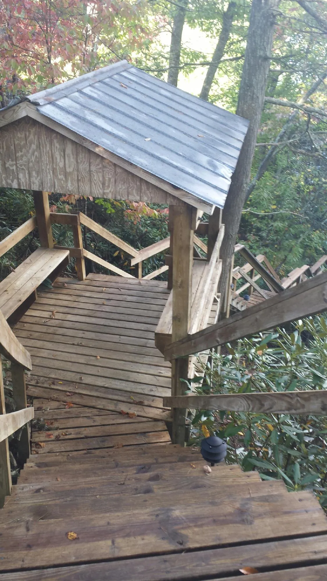 Metal roofed shelter over wooden steps on a wooded walkway — Skylight Repair & Installation work by our crew in Columbiaville